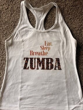 bcg White Racerback Tank with Leopard ZUMBA Graphic